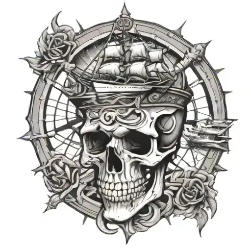 skull and ships wheel tattoo design idea