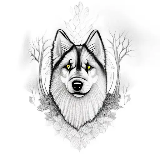 A blackwork tattoo of a Samoyed dog surrounded by a serene forest landscape tattoo design idea
