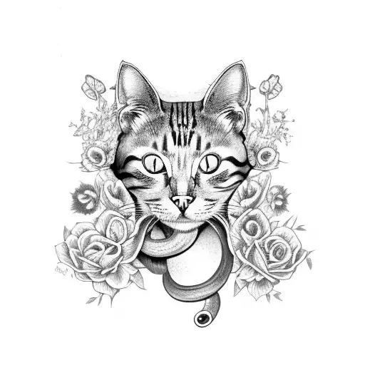 cat skull, snake, flowers tattoo design idea