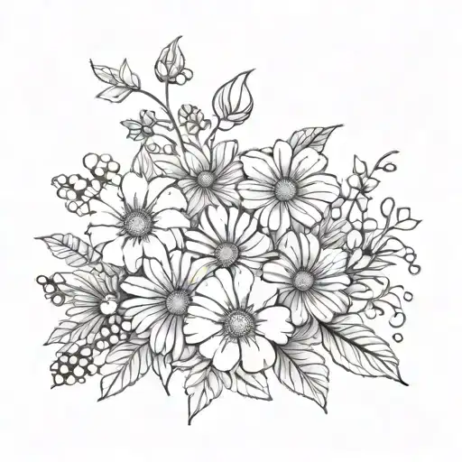 Black and white fine line tattoo with a violet, daisy, morning glory, cosmos, and a holly berry bouquet of flowers.  tattoo design idea