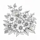 Black and white fine line tattoo with a violet, daisy, morning glory, cosmos, and a holly berry bouquet of flowers.  tattoo design idea