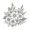 Black and white fine line tattoo with a violet, daisy, morning glory, cosmos, and a holly berry bouquet of flowers.  tattoo design idea