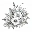 Black and white fine line tattoo with a violet, daisy, morning glory, cosmos, and a holly berry bouquet of flowers.  tattoo design idea