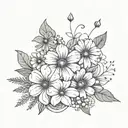 Black and white fine line tattoo with a violet, daisy, morning glory, cosmos, and a holly berry bouquet of flowers.  tattoo design idea