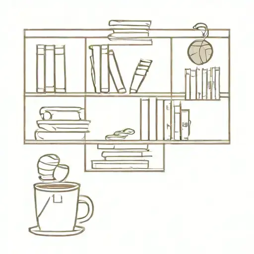 A minimalist bookshelf filled with basketballs, books, and coffee cups, representing your diverse interests and passions tattoo design idea