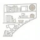 A minimalist bookshelf filled with basketballs, books, and coffee cups, representing your diverse interests and passions tattoo design idea