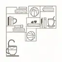 A minimalist bookshelf filled with basketballs, books, and coffee cups, representing your diverse interests and passions tattoo design idea