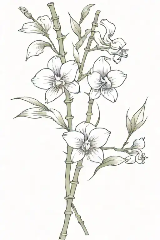 white violets, purple sweet peas, bamboo stalk intertwined tattoo design idea