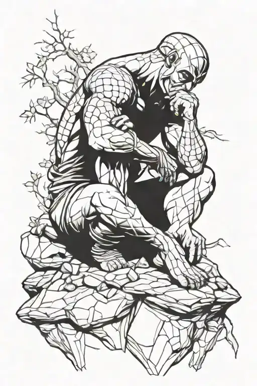 Generate a tattoo design of hero Marvel in 'The Thinker' pose, sitting on a rock.   tattoo design idea