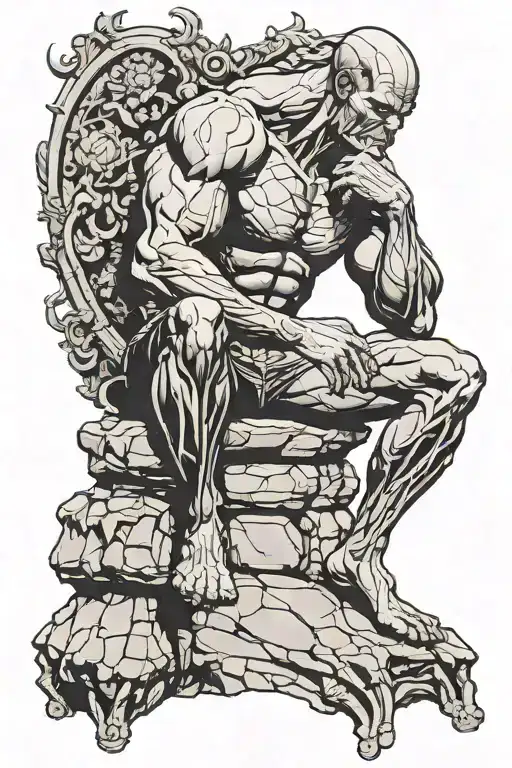 Generate a tattoo design of hero Marvel in 'The Thinker' pose, sitting on a rock.   tattoo design idea