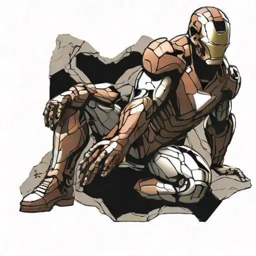 Generate a tattoo design of Iron Man in 'The Thinker' pose, sitting on a rock. Emphasize intricate lines and shading to  tattoo design idea