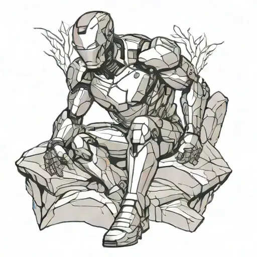 Generate a tattoo design of Iron Man in 'The Thinker' pose, sitting on a rock.  tattoo design idea