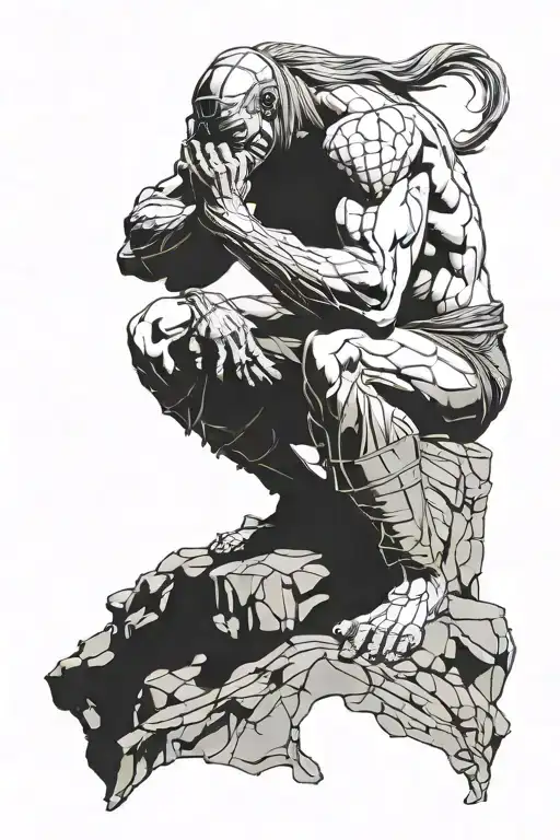 Generate a tattoo design of hero Marvel in 'The Thinker' pose, sitting on a rock.   tattoo design idea