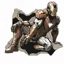 Generate a tattoo design of Iron Man in 'The Thinker' pose, sitting on a rock. Emphasize intricate lines and shading to  tattoo design idea