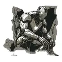 Generate a tattoo design of Iron Man in 'The Thinker' pose, sitting on a rock. Emphasize intricate lines and shading to  tattoo design idea