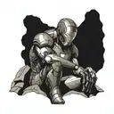 Generate a tattoo design of Iron Man in 'The Thinker' pose, sitting on a rock. Emphasize intricate lines and shading to  tattoo design idea