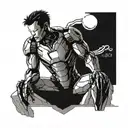 Generate a tattoo design of Iron Man in 'The Thinker' pose, sitting on a rock. Emphasize intricate lines and shading to  tattoo design idea