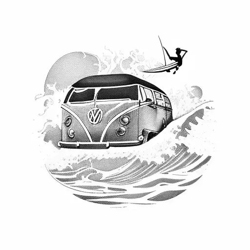 A blackwork tattoo of a surfer riding a wave with a VW bus parked on the beach in the background tattoo design idea