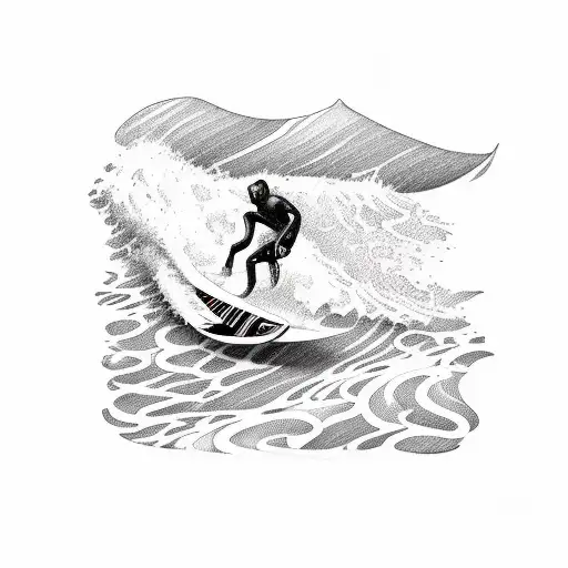 A blackwork tattoo of a surfer riding a wave with a VW bus parked on the beach in the background tattoo design idea