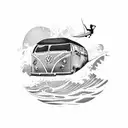 A blackwork tattoo of a surfer riding a wave with a VW bus parked on the beach in the background tattoo design idea