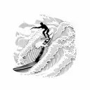 A blackwork tattoo of a surfer riding a wave with a VW bus parked on the beach in the background tattoo design idea