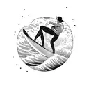 A blackwork tattoo of a surfer riding a wave with a VW bus parked on the beach in the background tattoo design idea