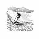 A blackwork tattoo of a surfer riding a wave with a VW bus parked on the beach in the background tattoo design idea
