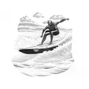A blackwork tattoo of a surfer riding a wave with a VW bus parked on the beach in the background tattoo design idea