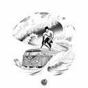 A blackwork tattoo of a surfer riding a wave with a VW bus parked on the beach in the background tattoo design idea