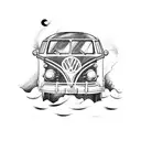 A blackwork tattoo of a surfer riding a wave with a VW bus parked on the beach in the background tattoo design idea