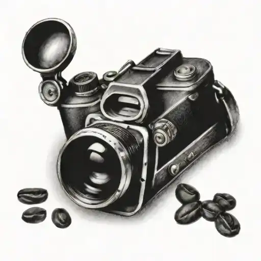 A realistic black and grey tattoo of a vintage camera surrounded by coffee beans tattoo design idea