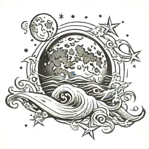 full moon with stars and waves flowing tattoo design idea