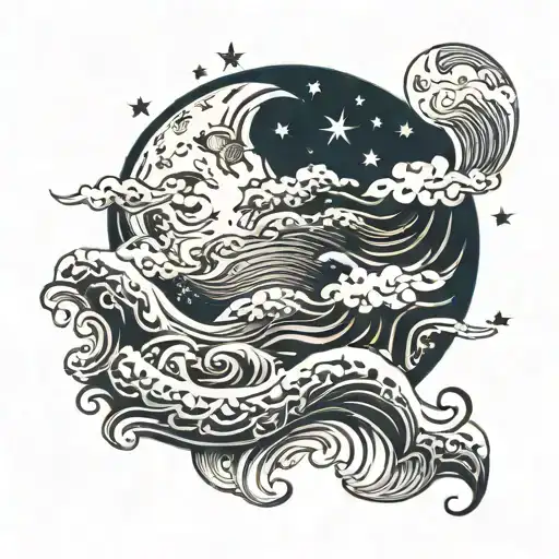 full moon with stars and waves flowing tattoo design idea
