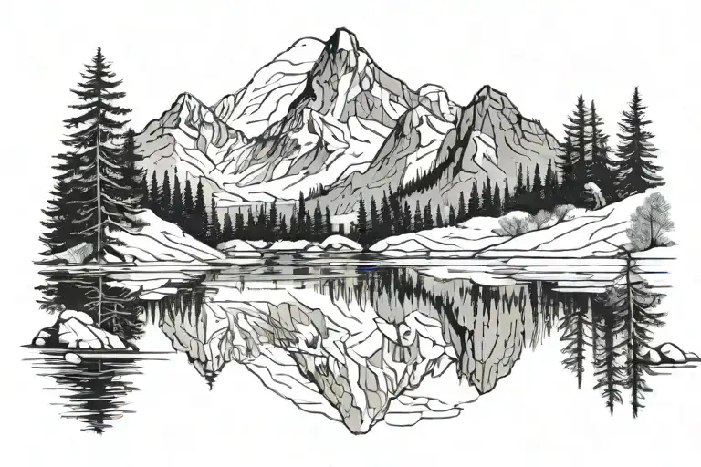 A quiet mountain lake in the forest. You can see high mountains with snow. There is a light mist. In the picture is a la tattoo design idea