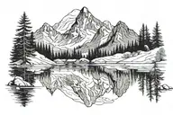 A quiet mountain lake in the forest. You can see high mountains with snow. There is a light mist. In the picture is a la tattoo design idea