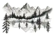A quiet mountain lake in the forest. You can see high mountains with snow. There is a light mist. In the picture is a la tattoo design idea