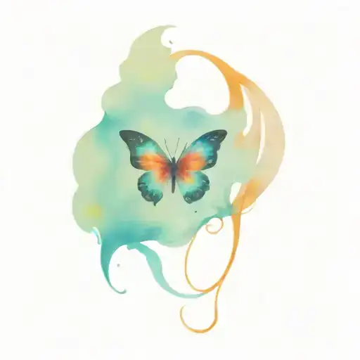 a sparkling butterfly landing on a broken mask with one side smiling and the other crying wrapped around a red thread  tattoo design idea