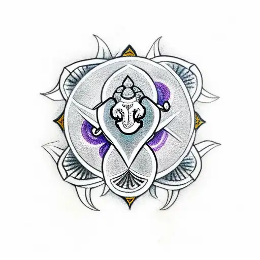 ganesh, surroned by lucky symbols such as a horse shoe, the number 7 and a four leaf clover tattoo design idea