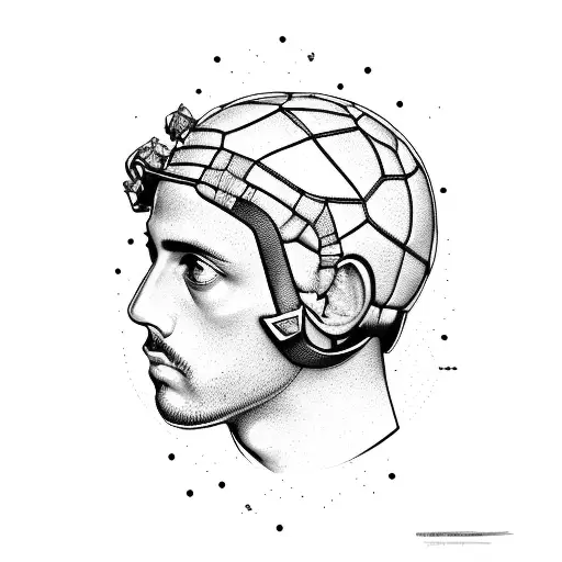 A dynamic and abstract representation of various sports equipment intertwined with Gavrilo Princip's portrait tattoo design idea