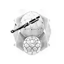 A dynamic and abstract representation of various sports equipment intertwined with Gavrilo Princip's portrait tattoo design idea