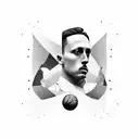 A dynamic and abstract representation of various sports equipment intertwined with Gavrilo Princip's portrait tattoo design idea