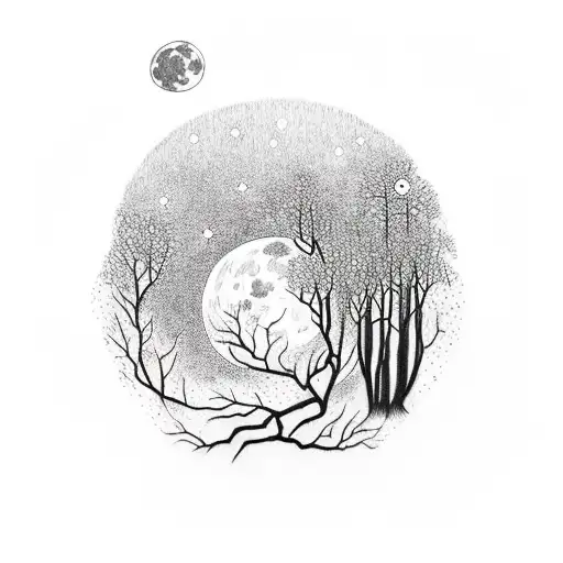 nighttime forest with vines in the moon showing throught he trees into an open grassy patch tattoo design idea