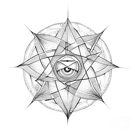 3 pointed star surounded by a pentagram surroinded by a septogram woth an eye in the centre tattoo design idea