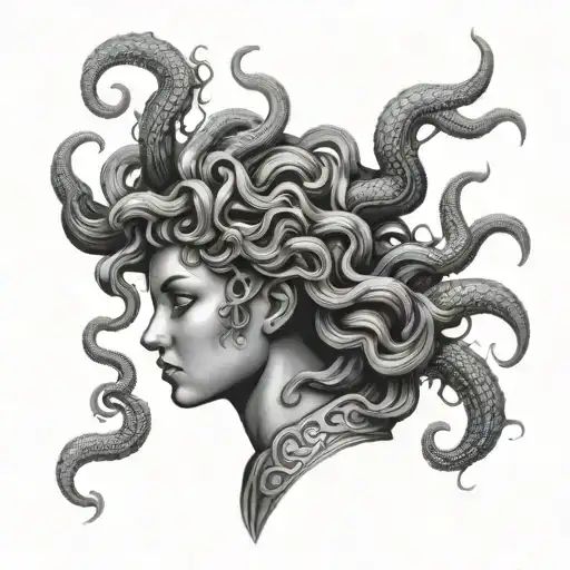 A black and grey tattoo of the mythological creature Medusa, with a sketchy style to give it a mysterious and edgy look tattoo design idea