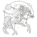 A modern interpretation of the goddess Selene riding a chariot across the night sky tattoo design idea