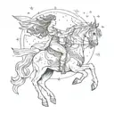 A modern interpretation of the goddess Selene riding a chariot across the night sky tattoo design idea
