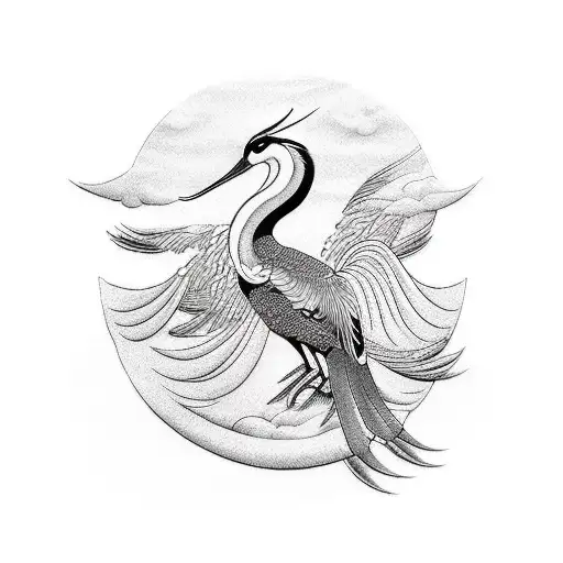 A majestic blackwork tattoo of a Japanese crane  tattoo design idea
