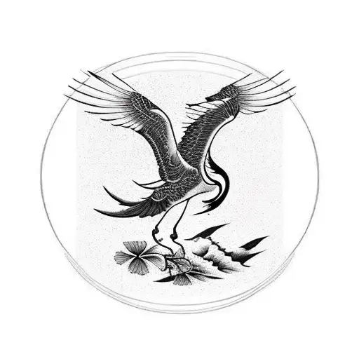 A majestic blackwork tattoo of a Japanese crane perched on a coffee cup surrounded  tattoo design idea