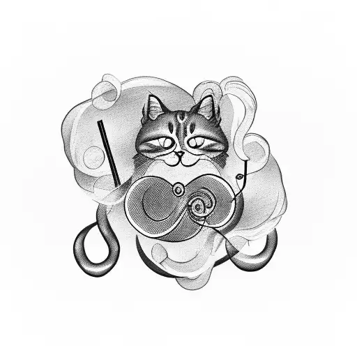 A music note intertwined with smoke forming the shape of a cat tattoo design idea