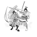 Anime-inspired samurai engaging in a fierce sword fight tattoo design idea